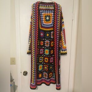 Akira Crochet Long Cardigan Multicolored Granny Square